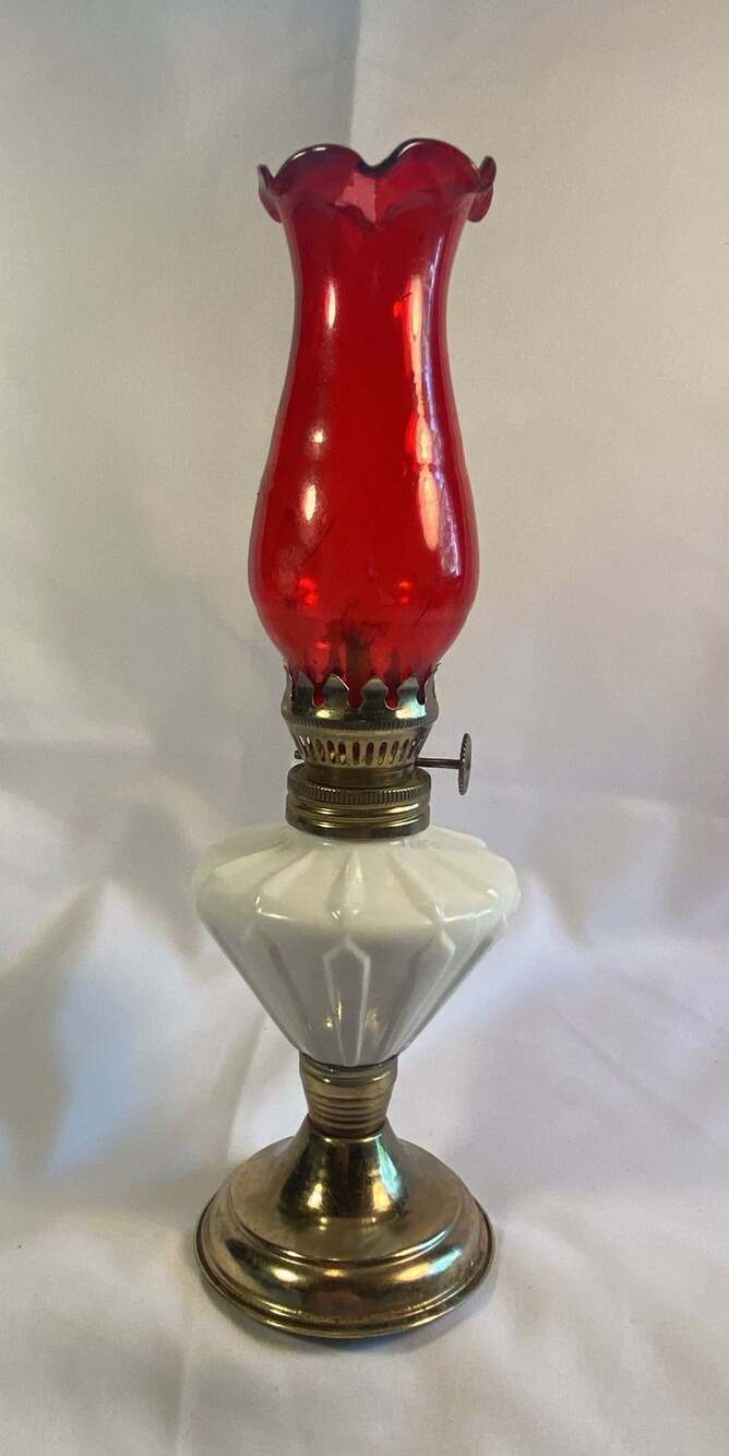 Vintage Miniature Oil Lamp with Ruby Red glass